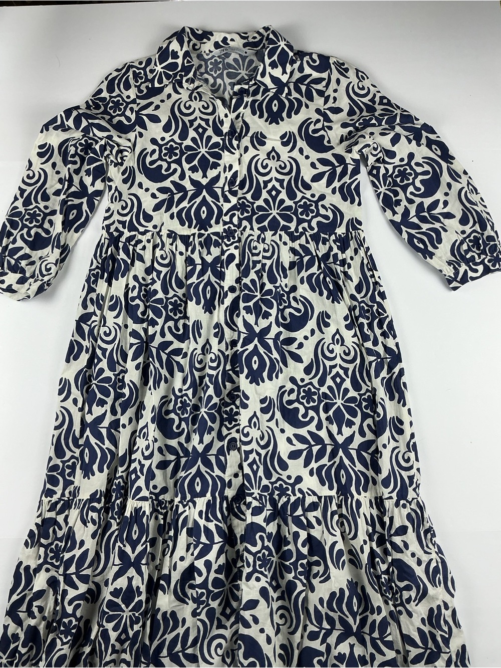 Zara Navy and White Floral Tiered Button-Front Dress